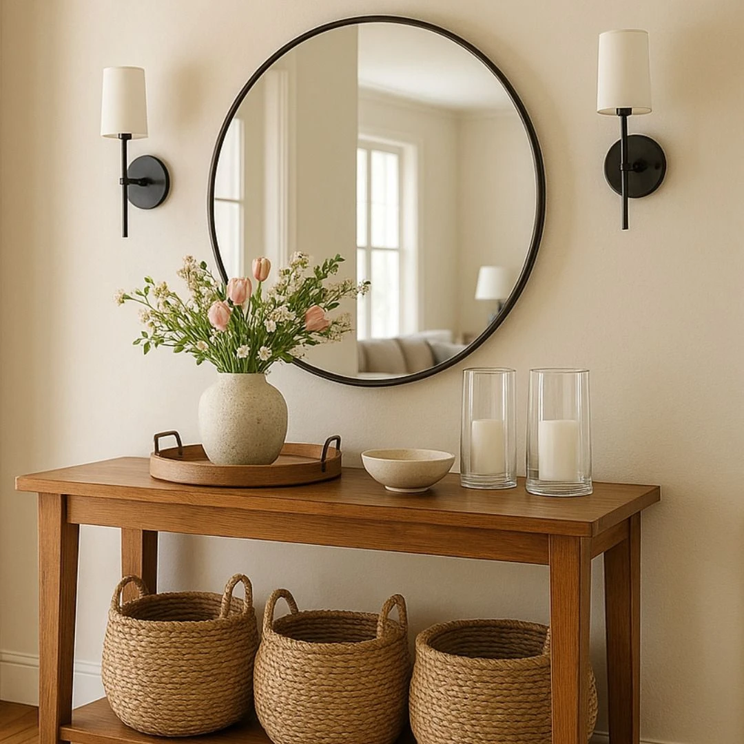 a small entryway with glass lamp