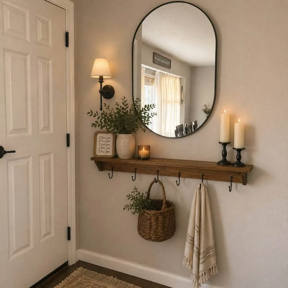 a small entryway with hanging plants