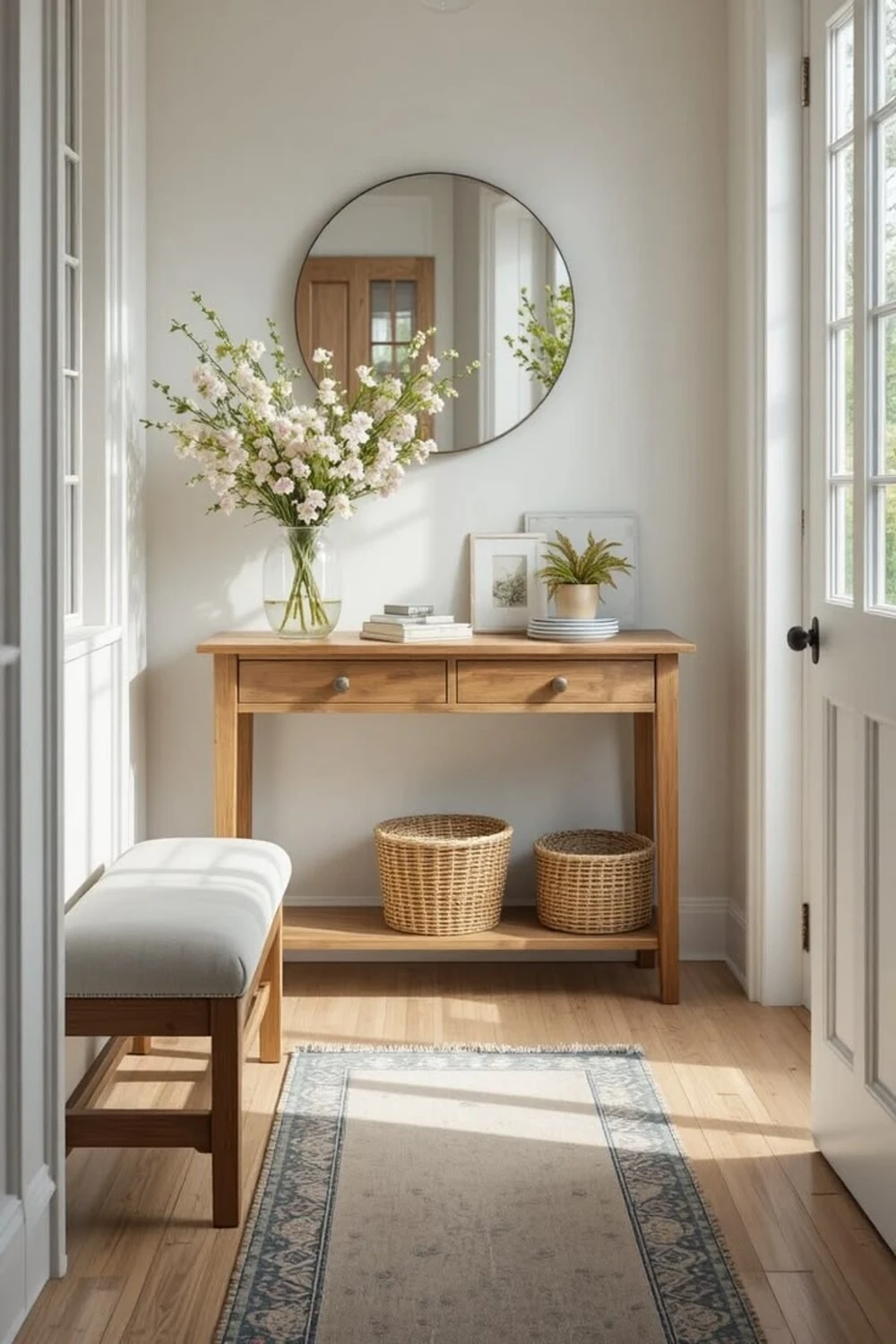 a small entryway in light wood tone with white