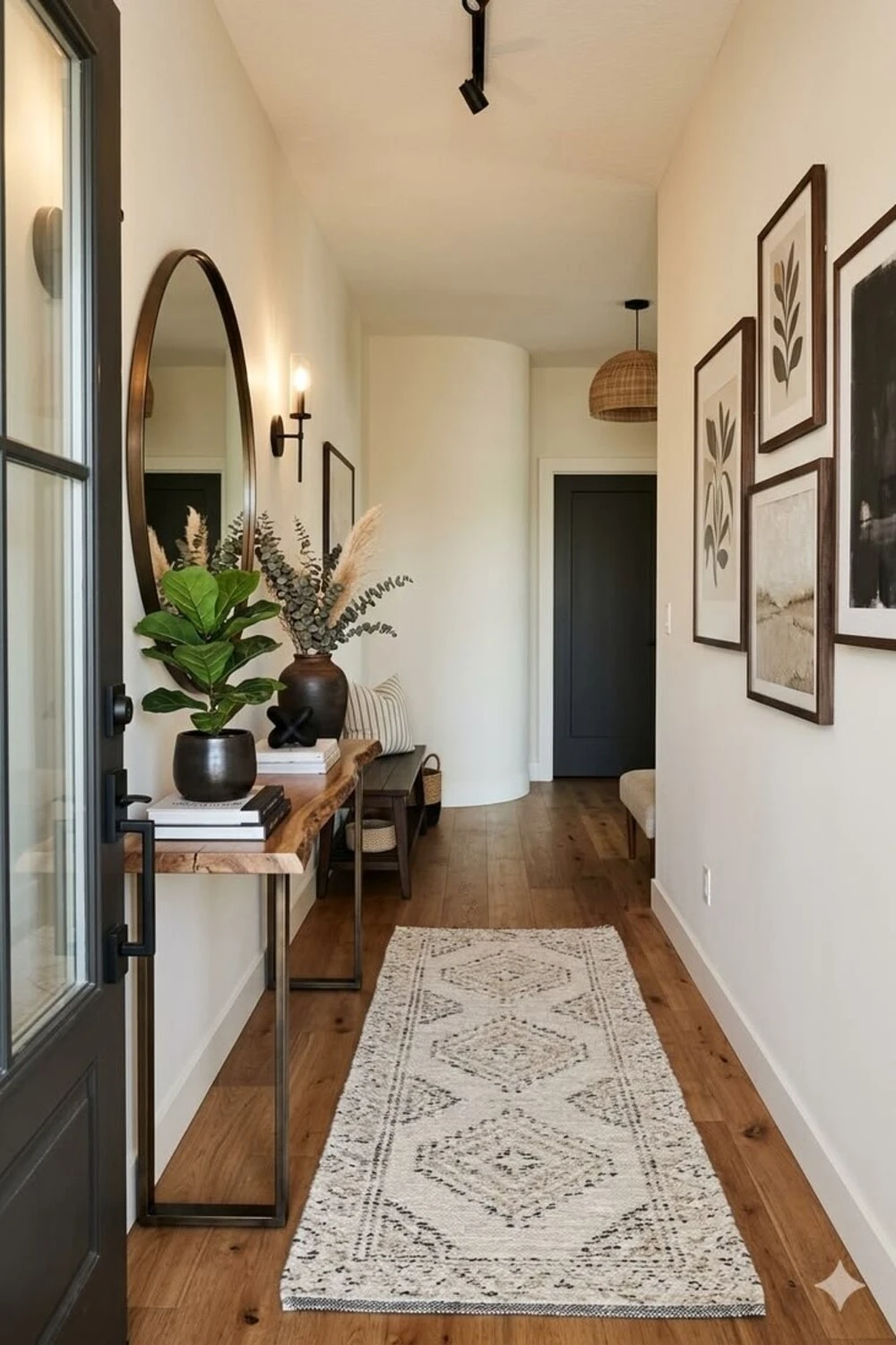 a small entryway with a runner rug