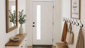 a small entryway with slim console table and bench