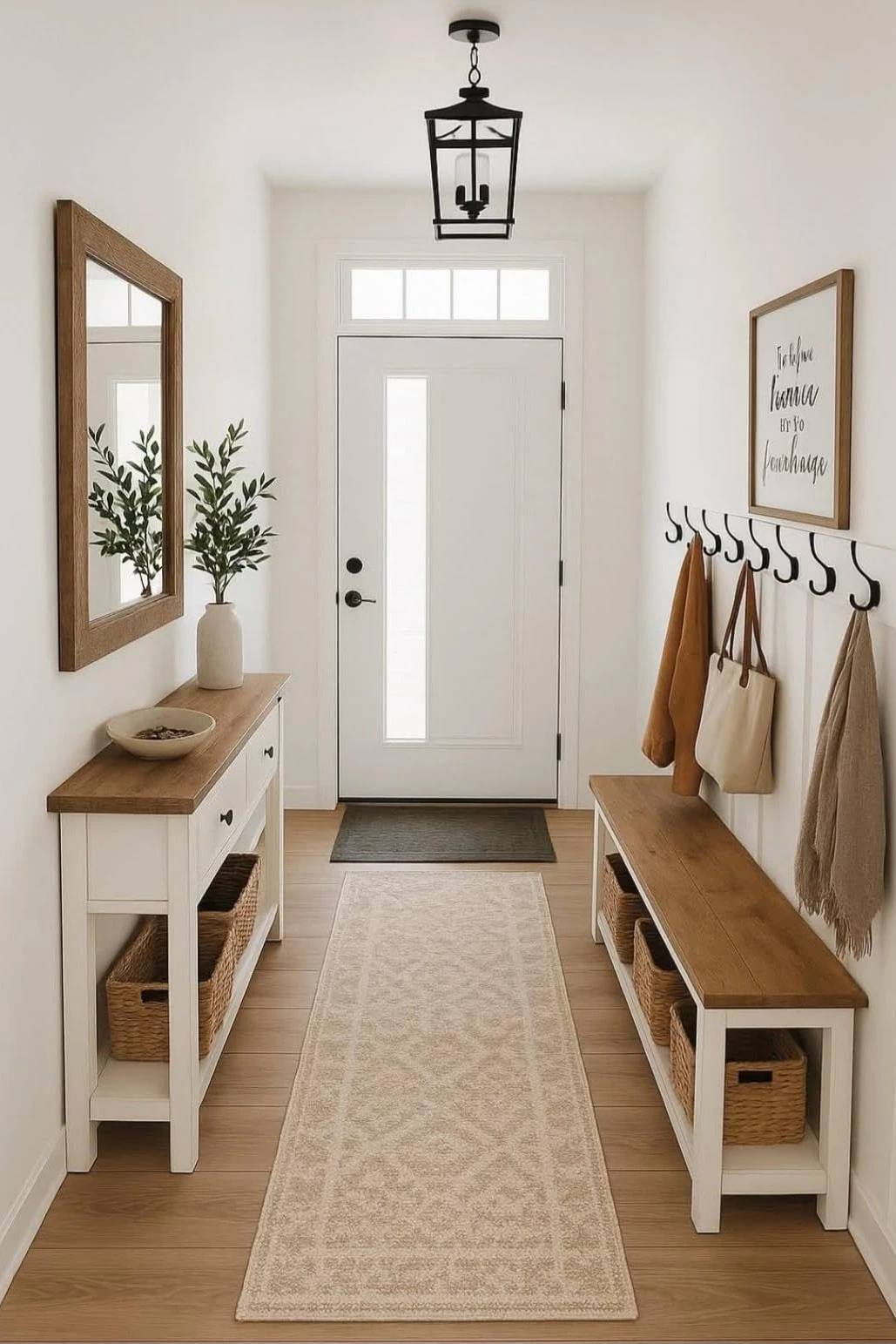a small entryway with slim table and bench