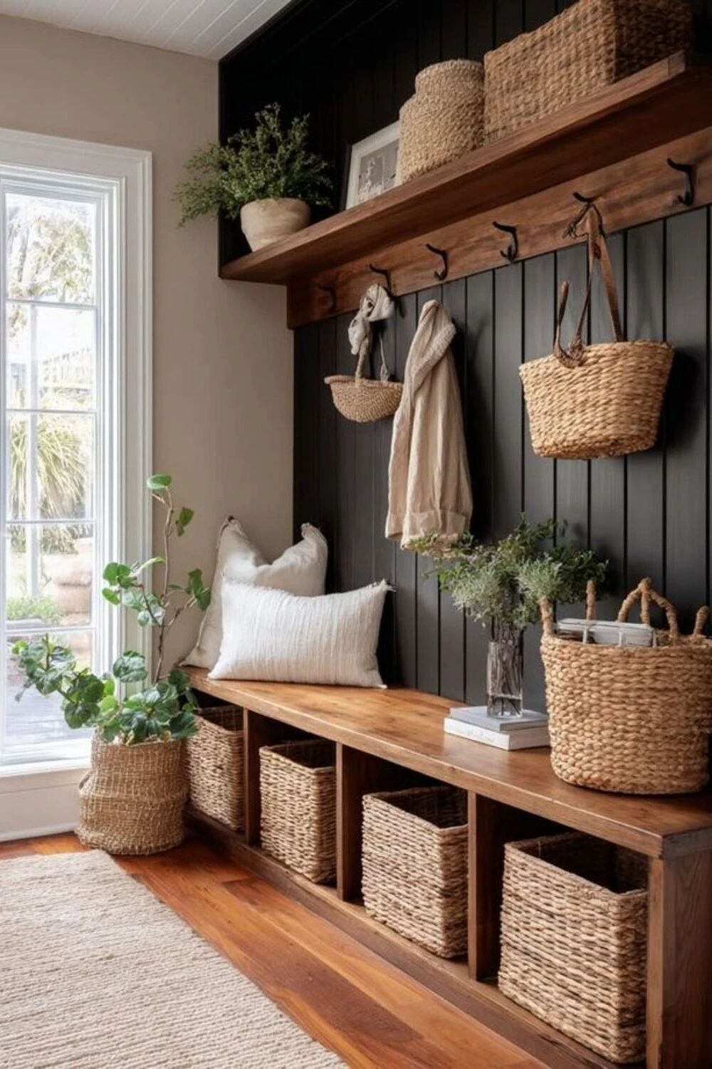 a small entryway with storage bench