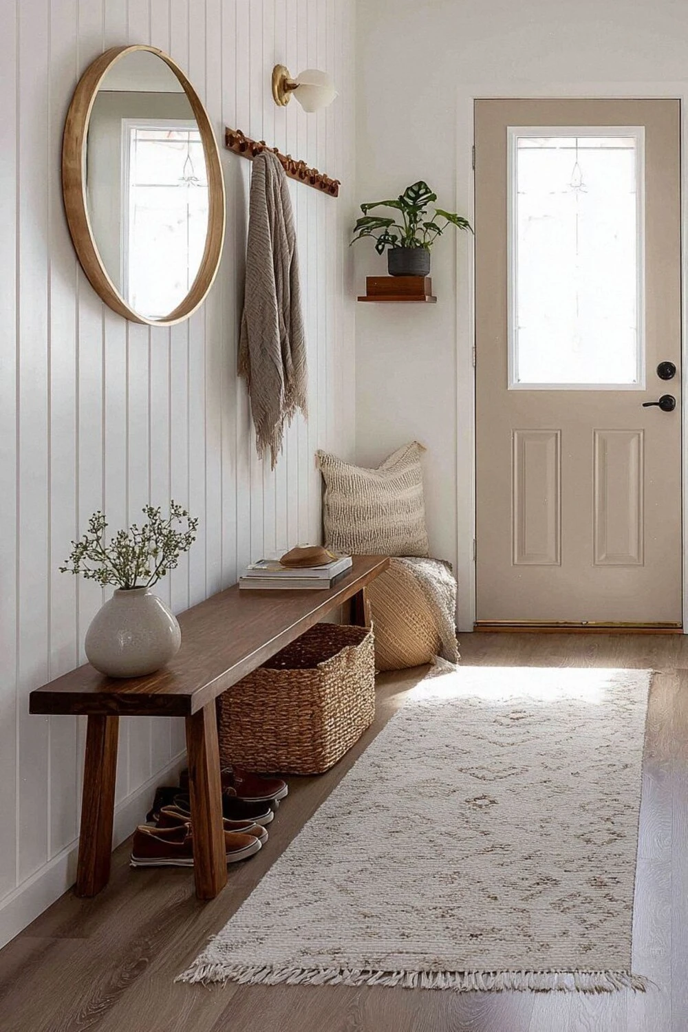 a small entryway with a vase on bench