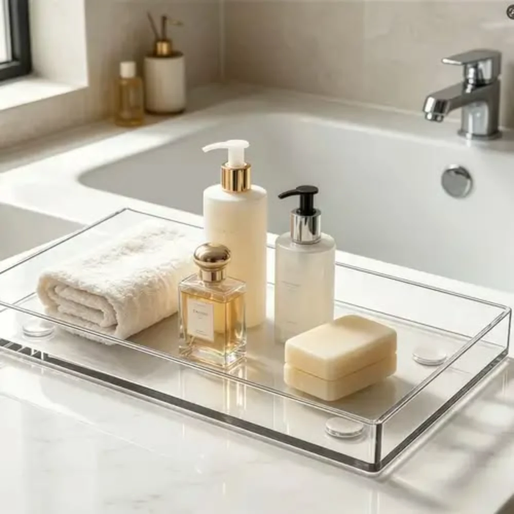a bathroom with shampoo and towel on a acrylic tray