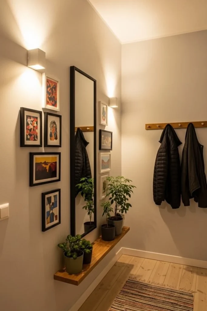 an apartment entryway with artwork on wall