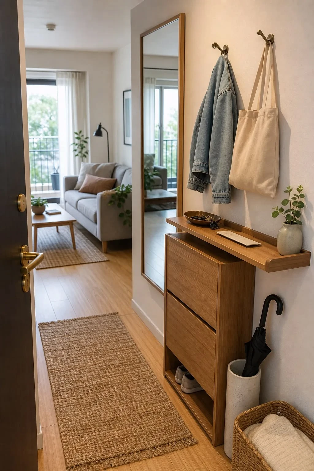 a small entryway with metal tray for keys