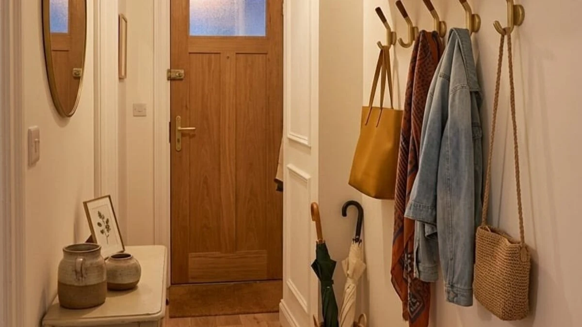 an apartment entryway with floating shelf