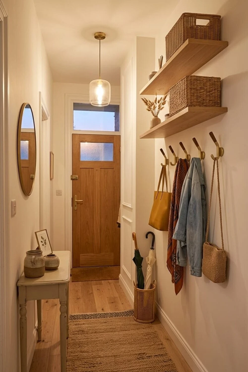 a small apartment entryway with hooks, floating shelf, and mirror