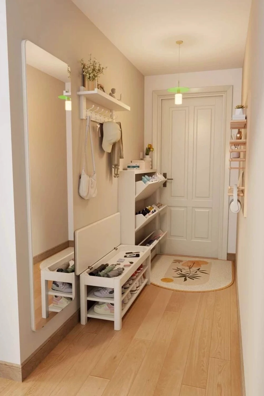 an apartment entryway with multifunctional storage bench
