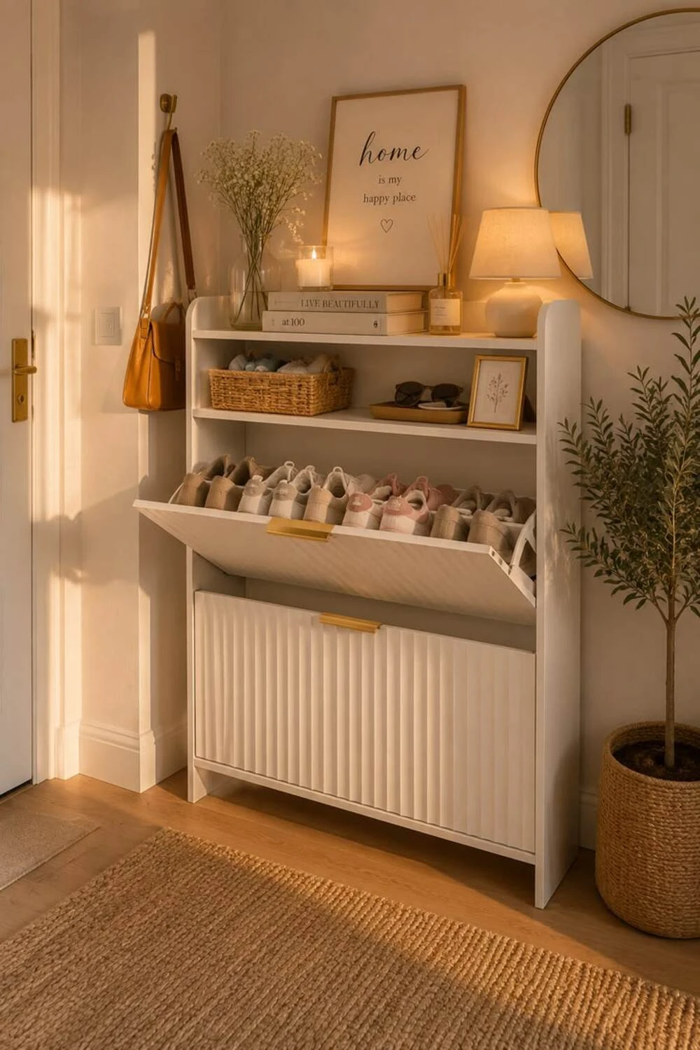 an apartment entryway with shoes storage