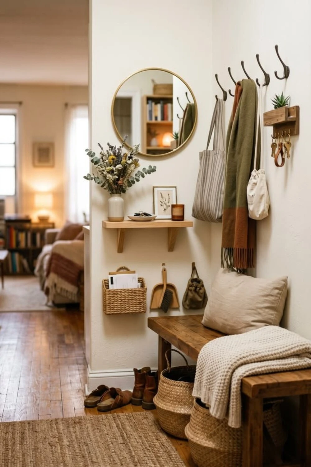 an apartment entryway with small bench