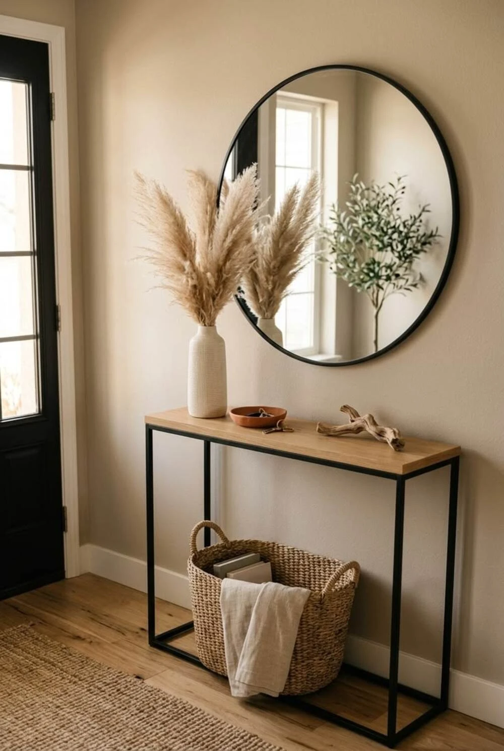 an apartment entryway with storage bowl