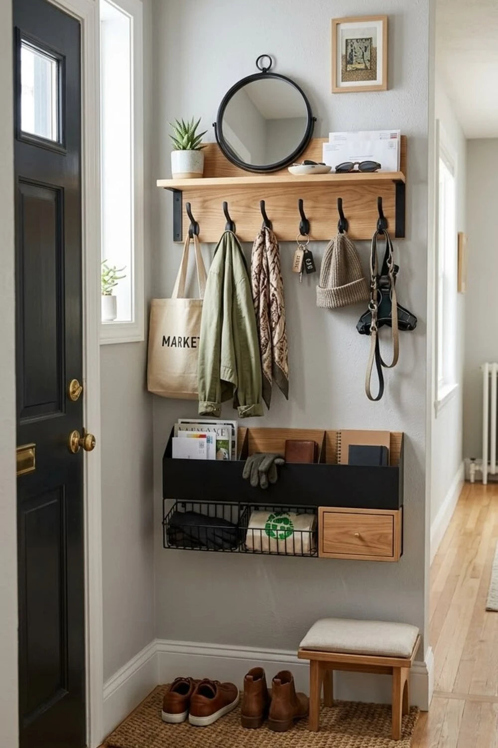 an apartment entryway with wall hook