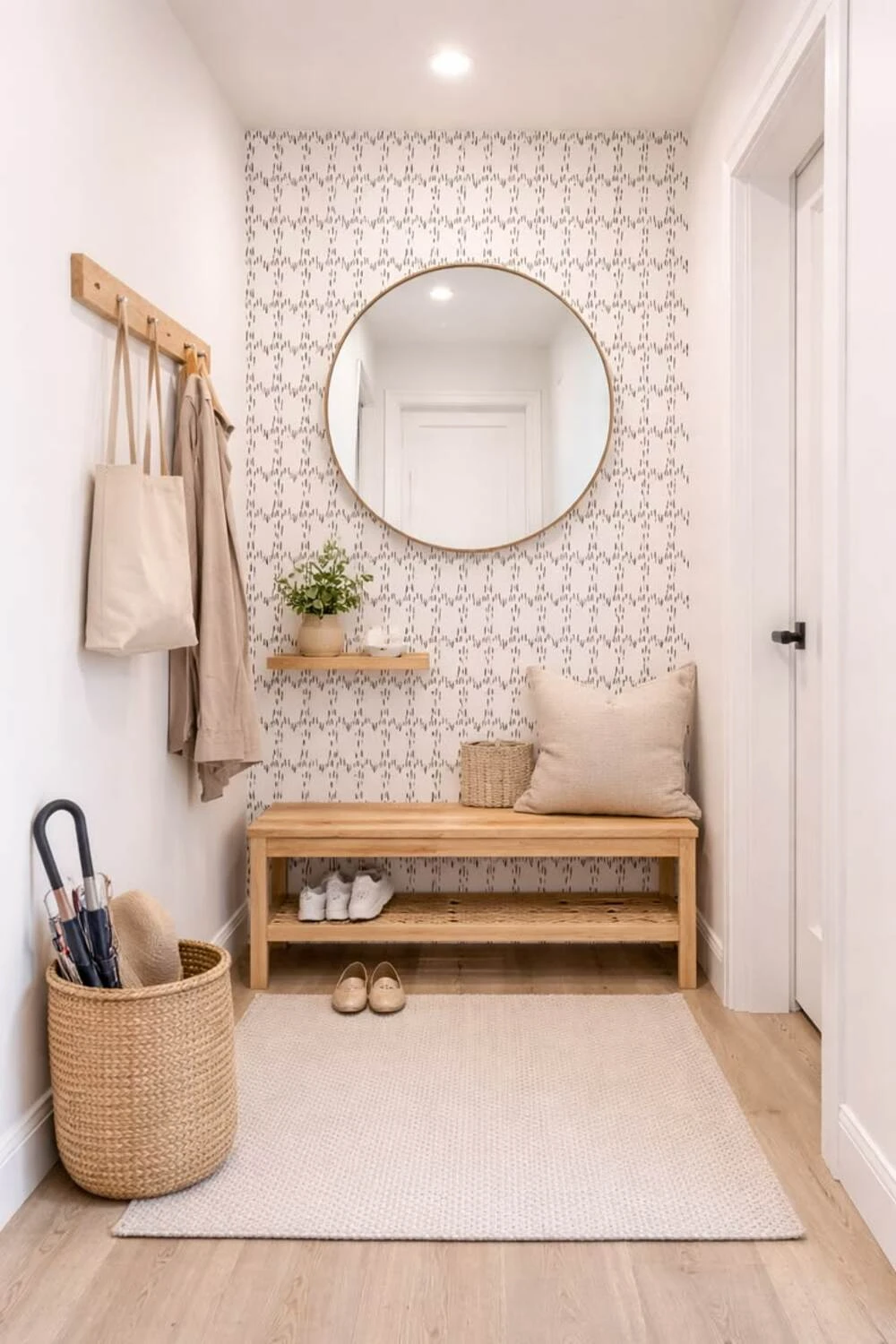 an apartment entryway with wallpaper