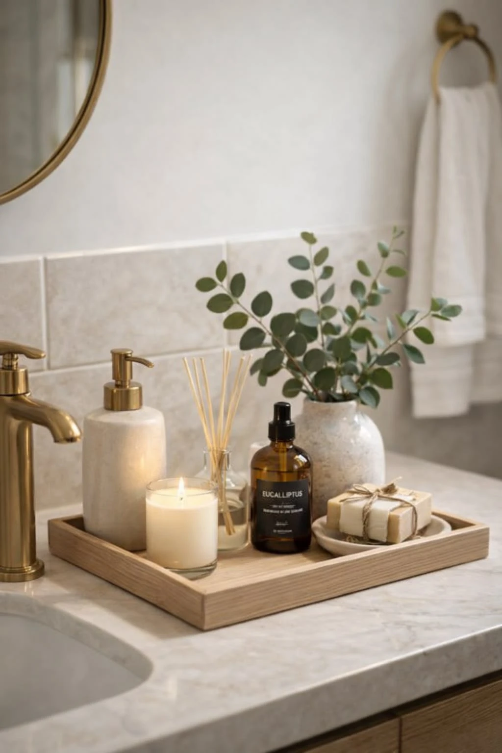 a bathroom with bamboo tray