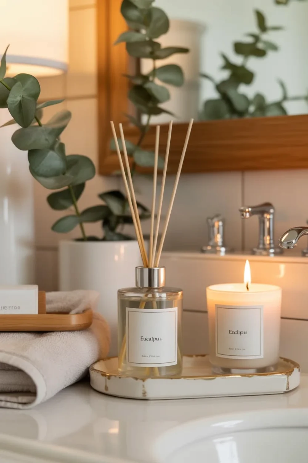 a bathroom with scent and candle on a ceramic tray