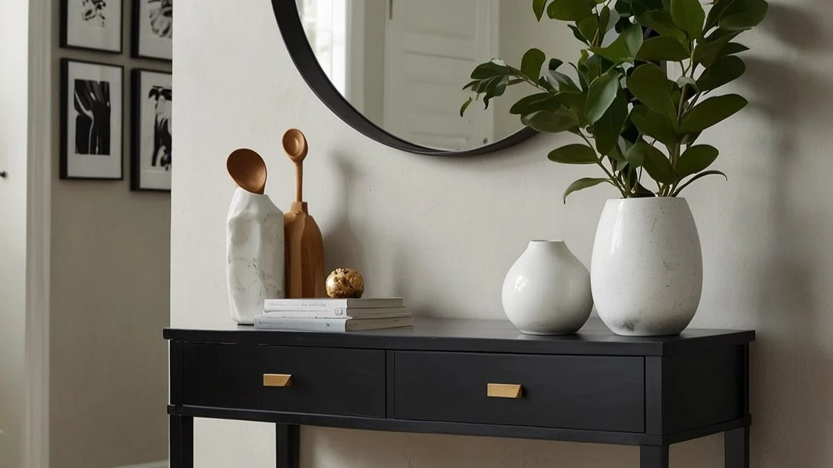 an entryway console table in black and white