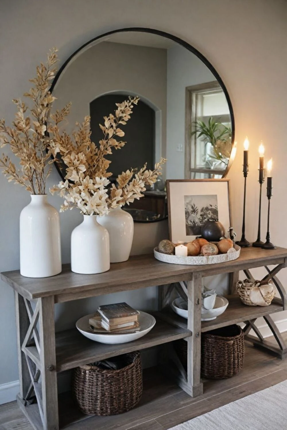an entryway console table with artwork