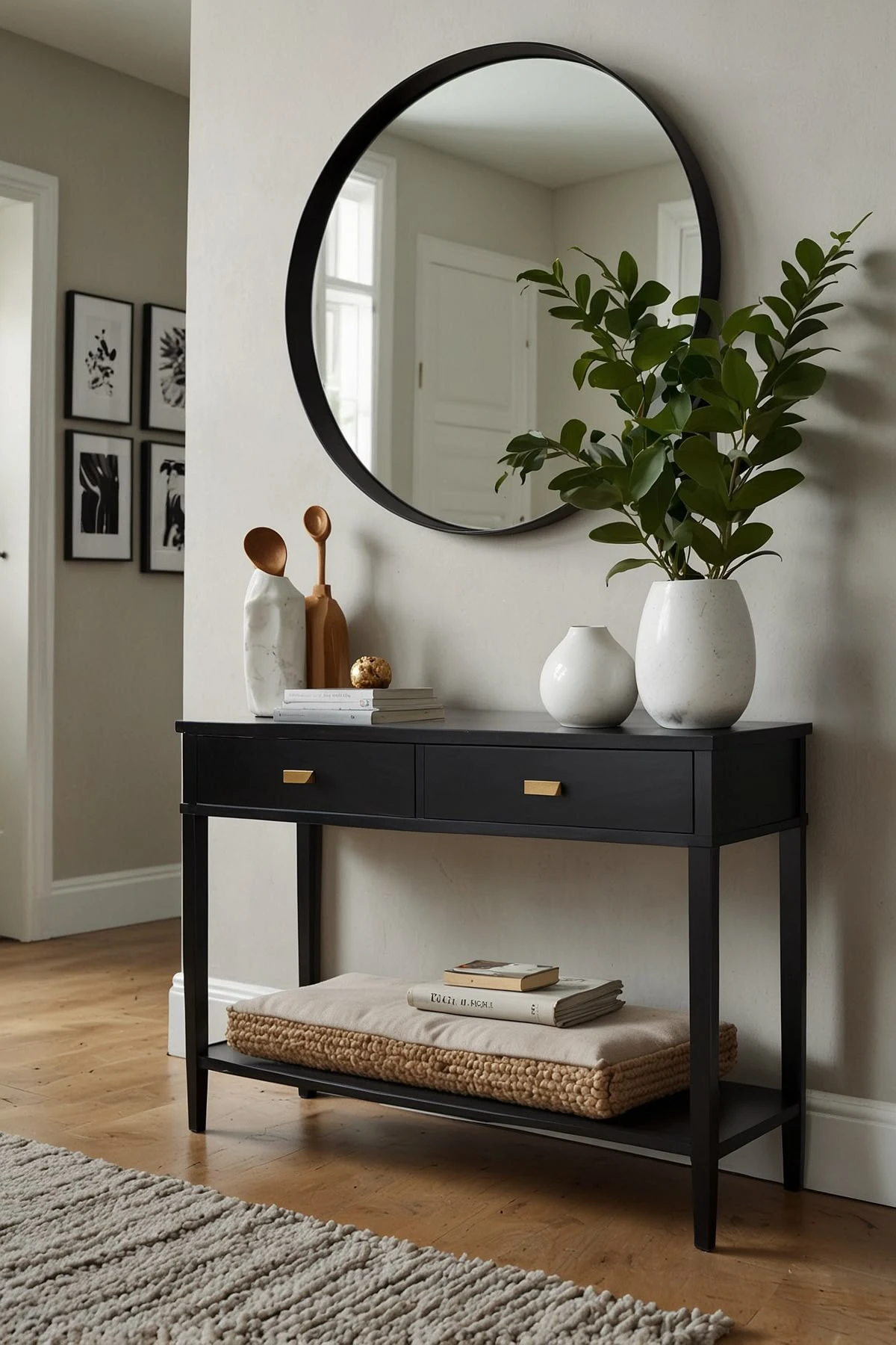an entryway console table decor in black and white