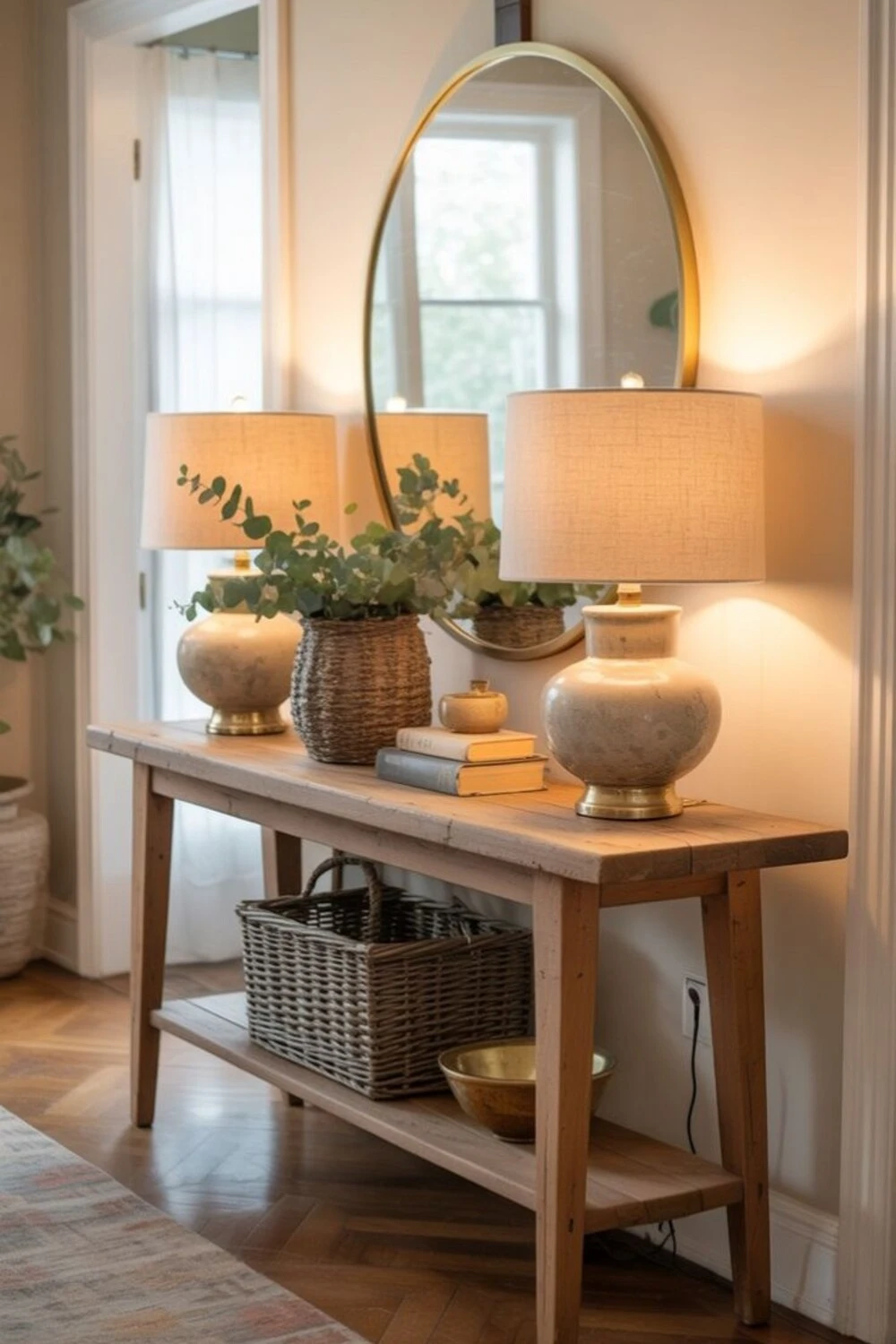 an entryway console table with double lamps