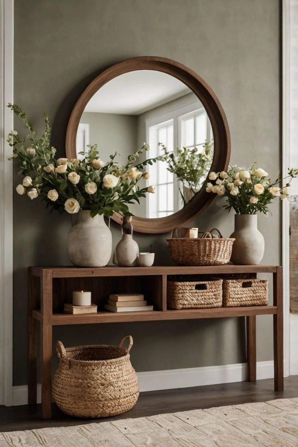 an entryway console table with storage baskets