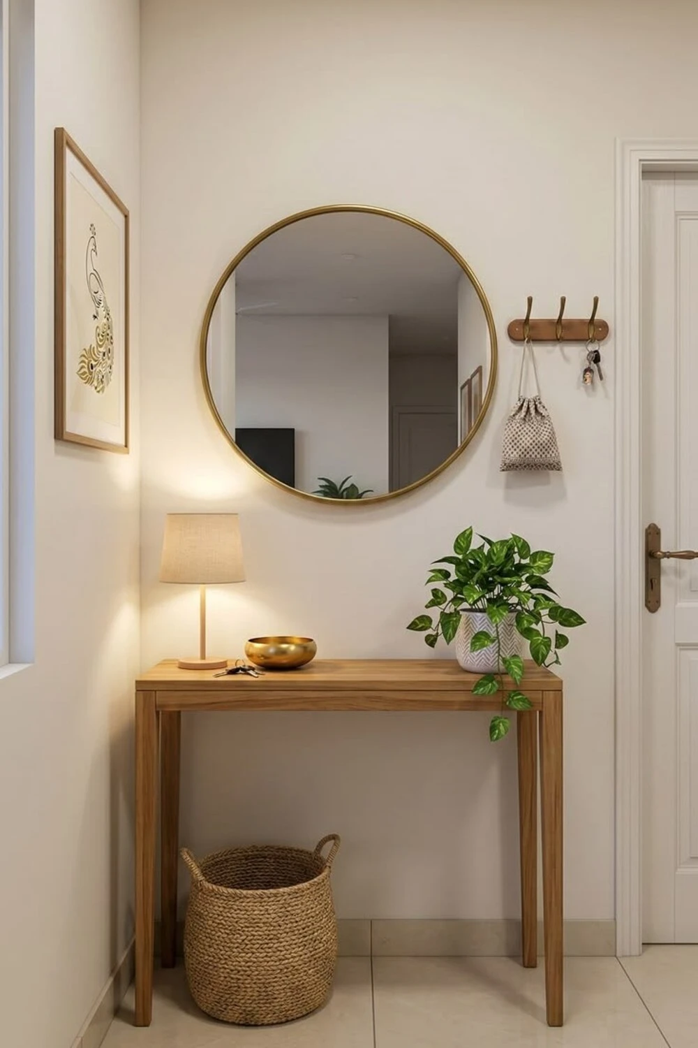 an entryway console table with table lamp