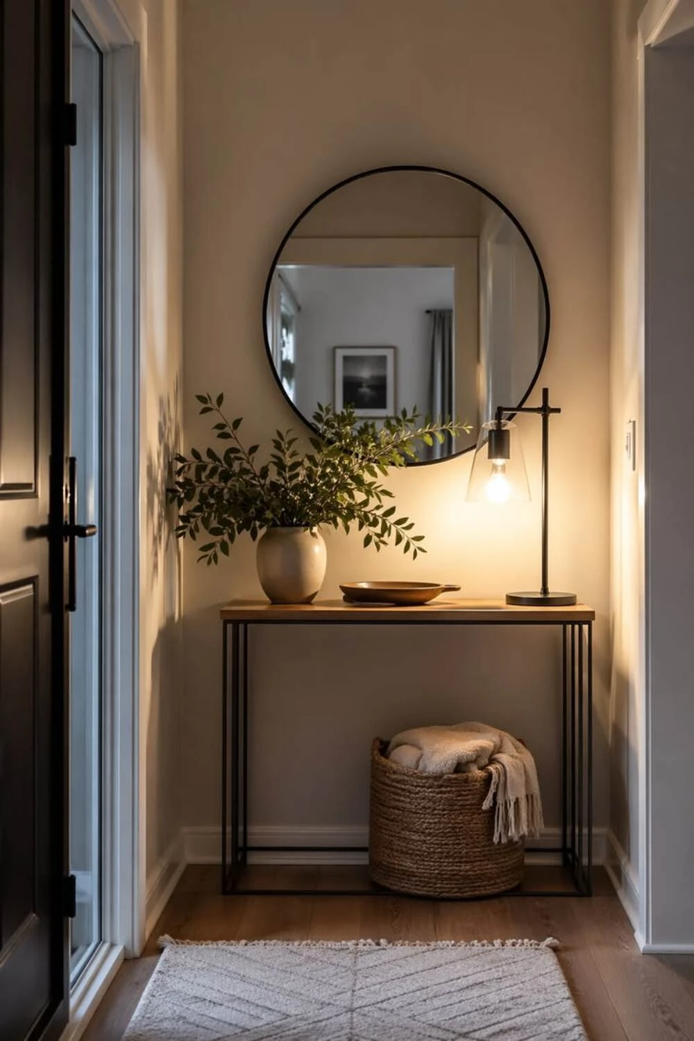 an entryway console table with three items