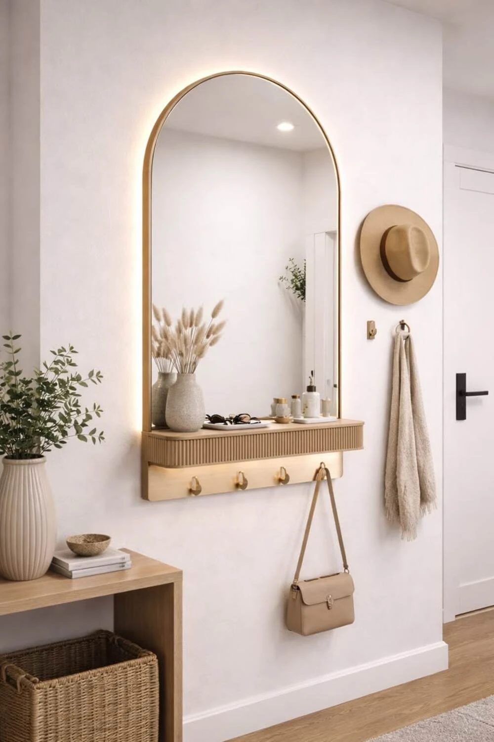 an entryway mirror with floating shelf and hook