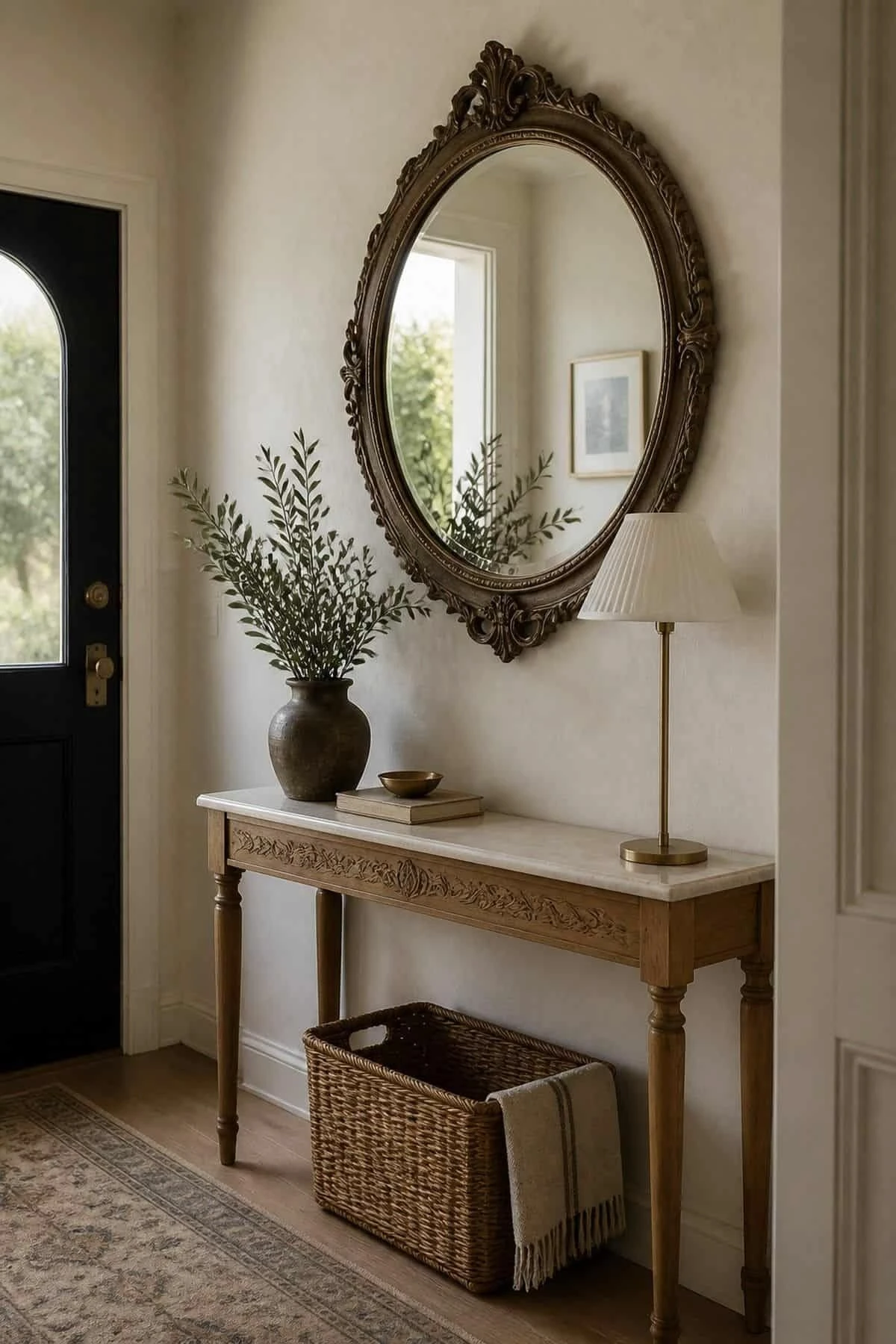 an entryway mirror with vintage-inspired frame