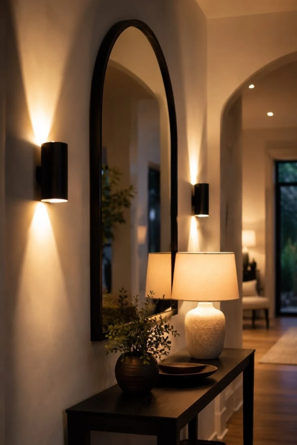 an entryway mirror with wall sconces