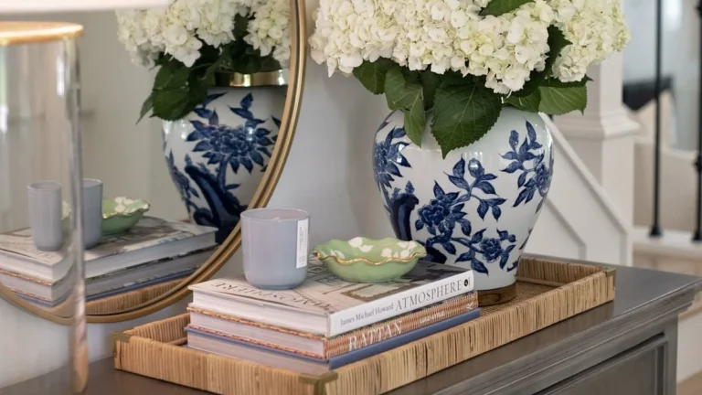 an entryway tray with books and flowers
