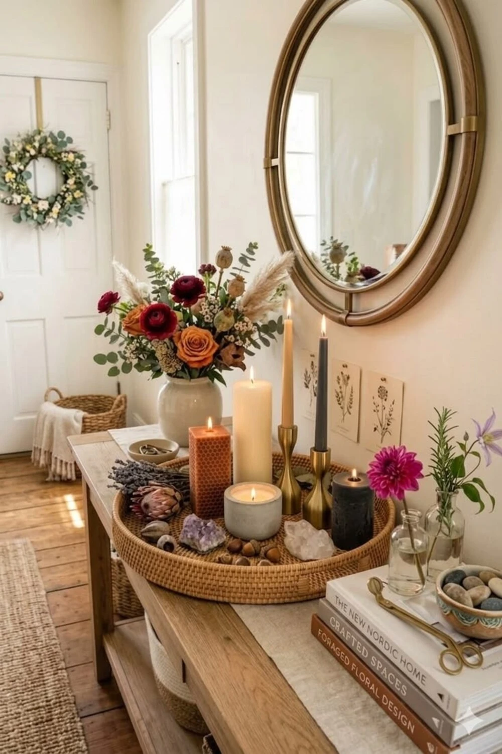an entryway tray with candles and stones