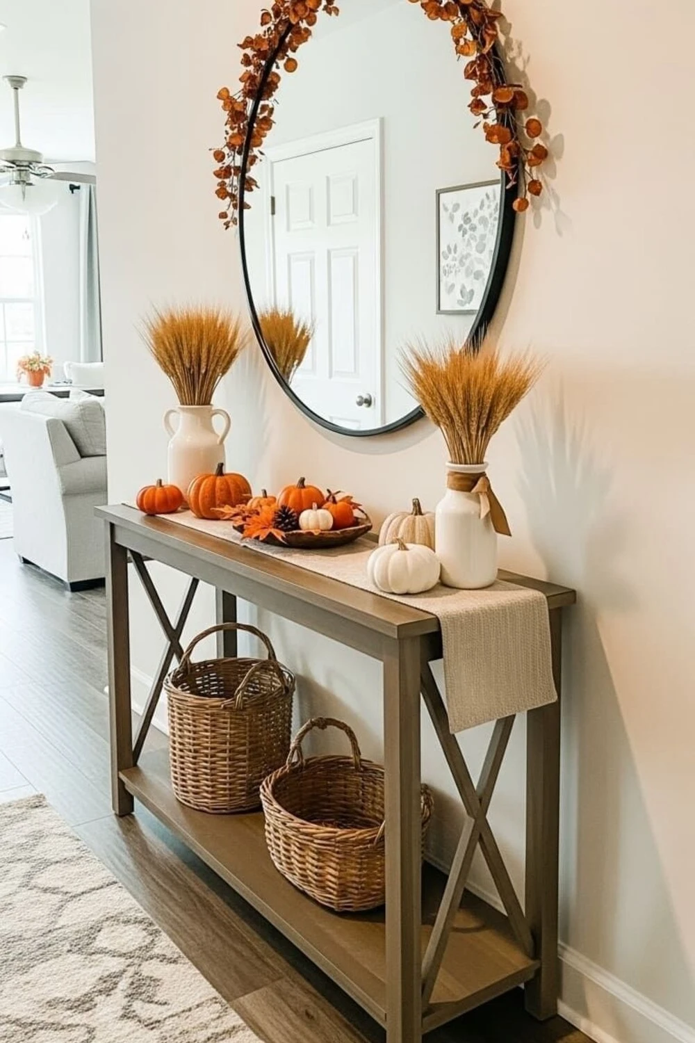 an entryway tray with pumpkinsfor fall