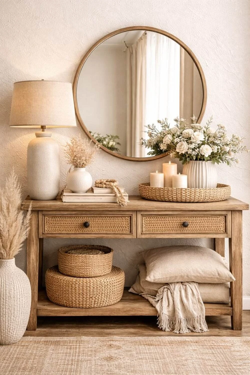 an entryway with a round rattan tray