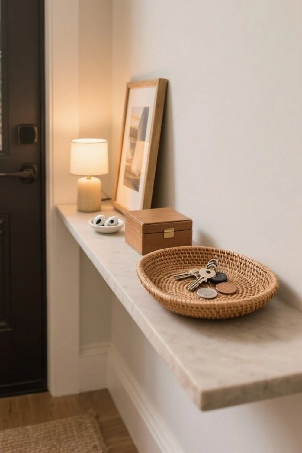 a wooven tray-style basket at entryway
