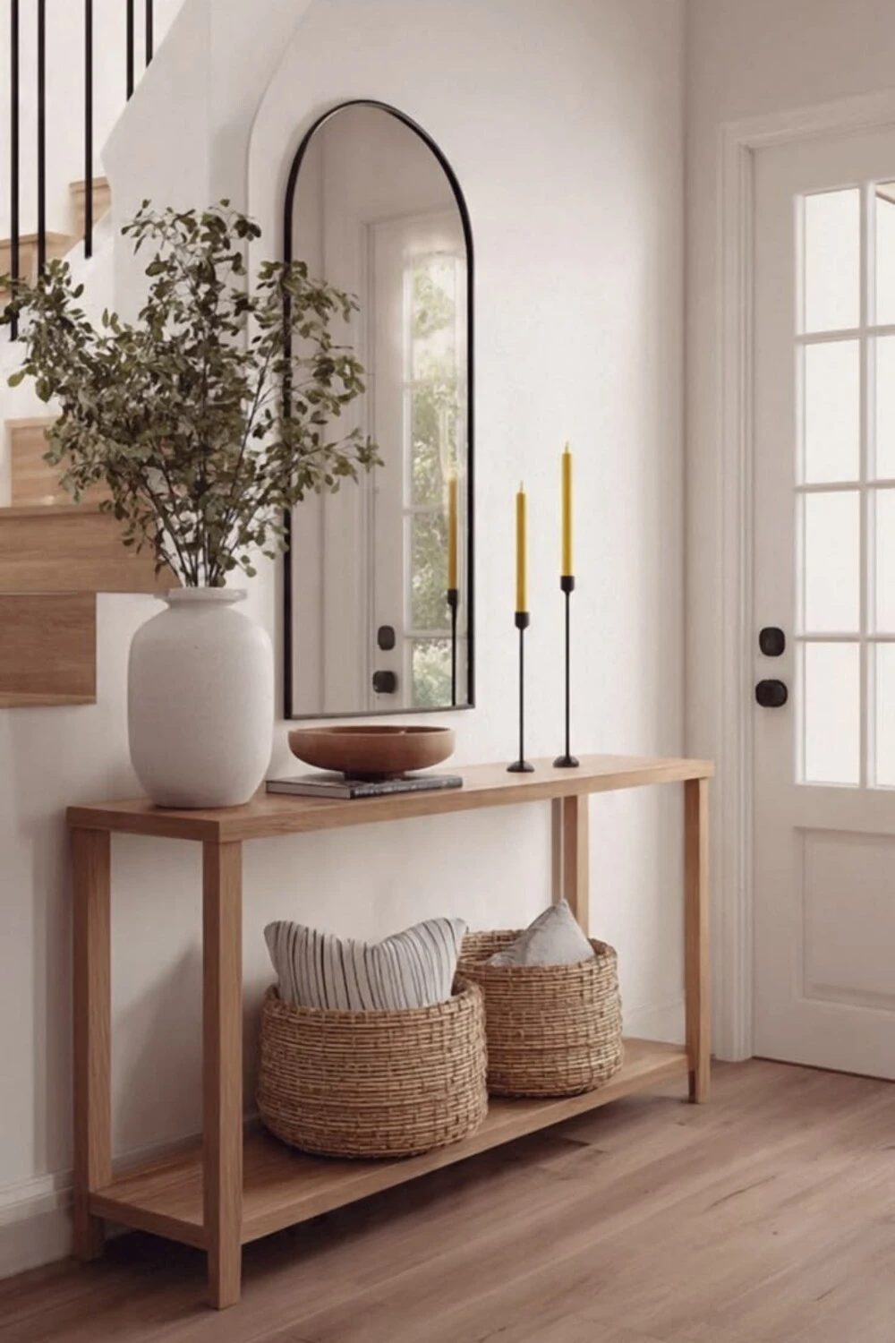 an entryway with arched mirror