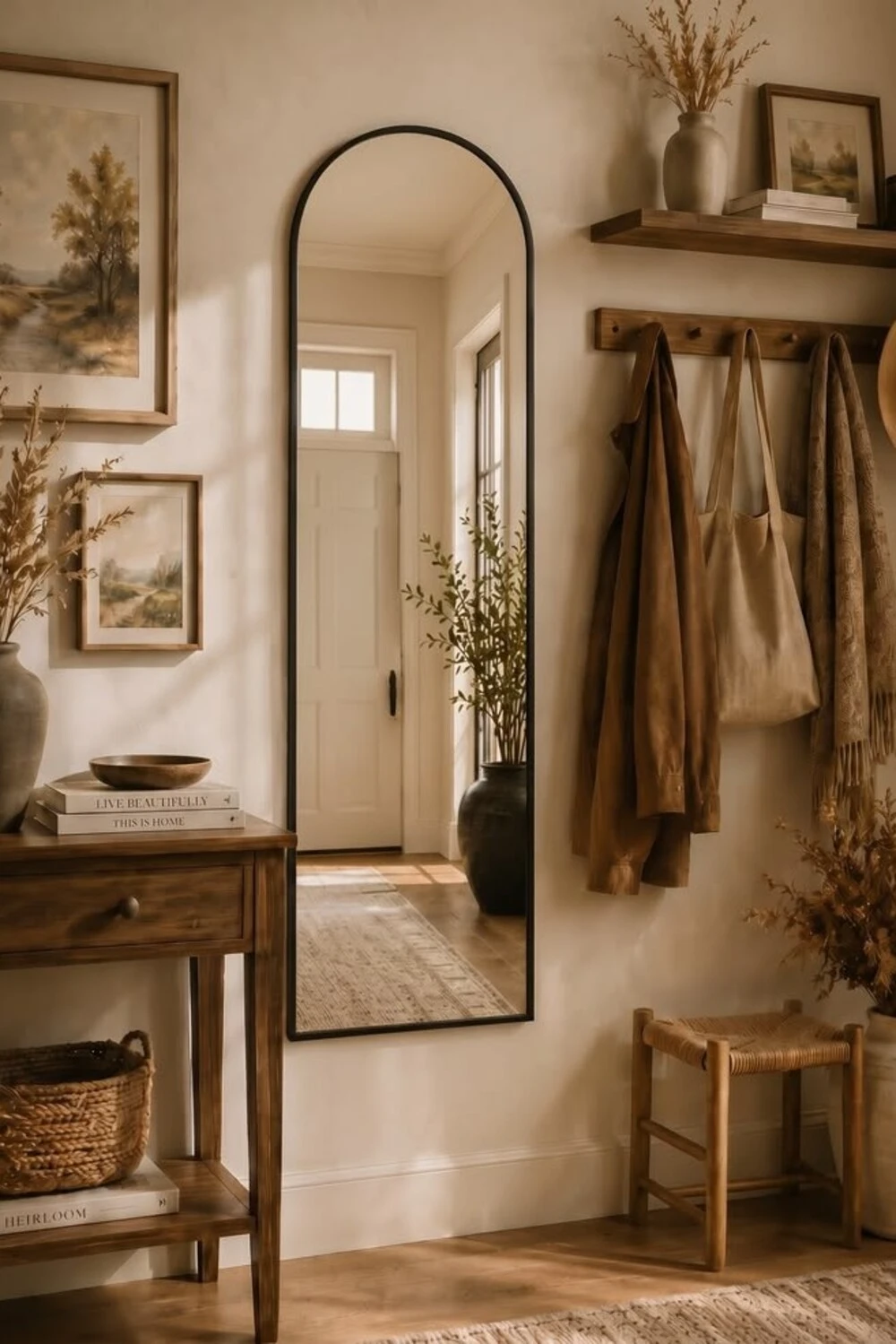 an entryway with full-length mirror