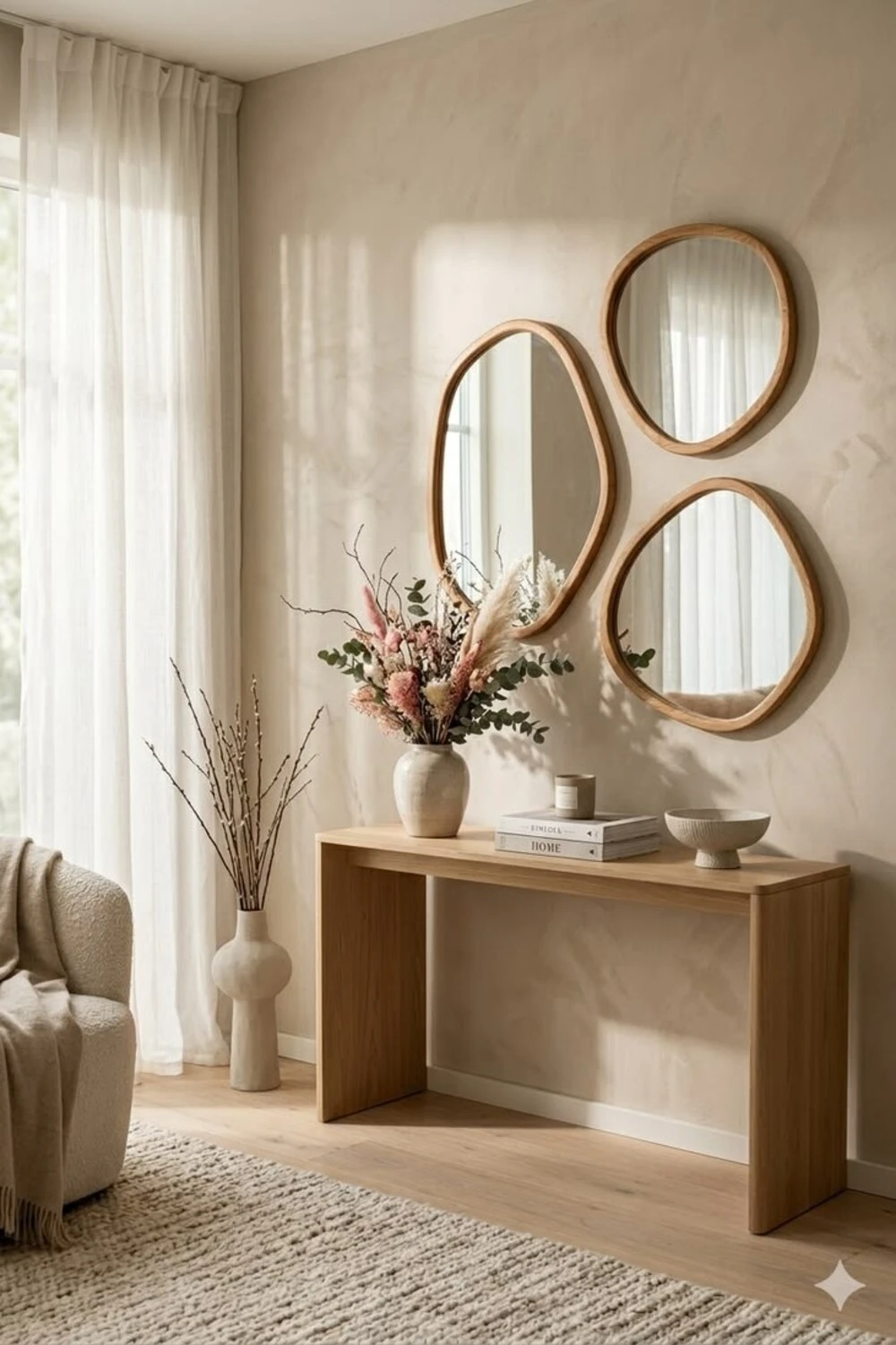 an entryway with multiple mirrors