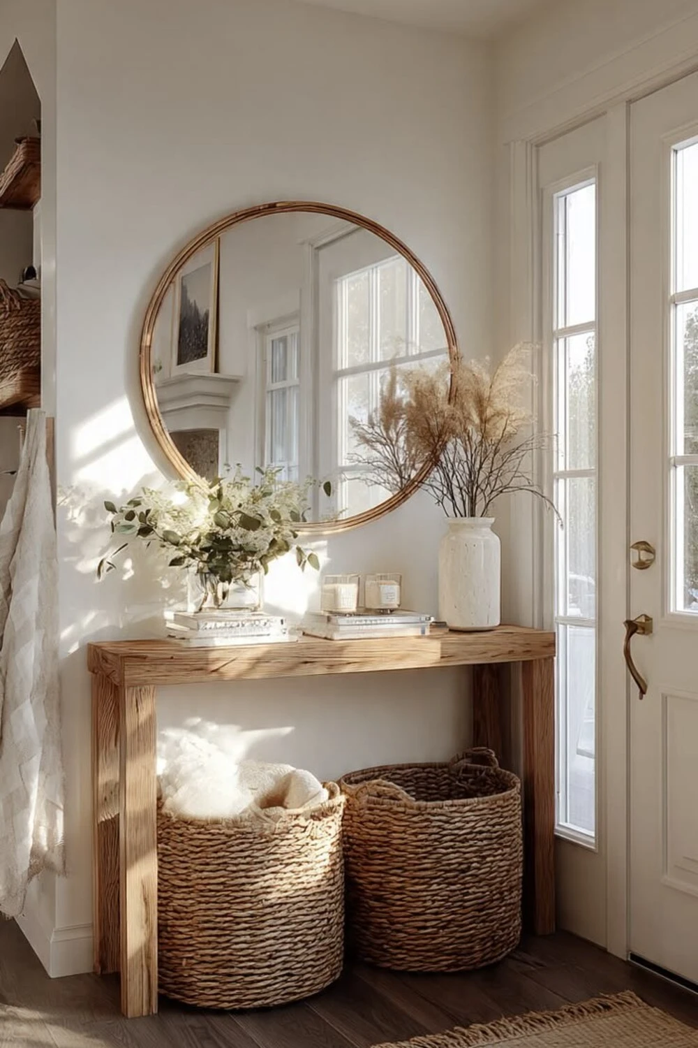 an entryway with wood frame mirror