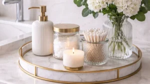 a marble tray with skincare products