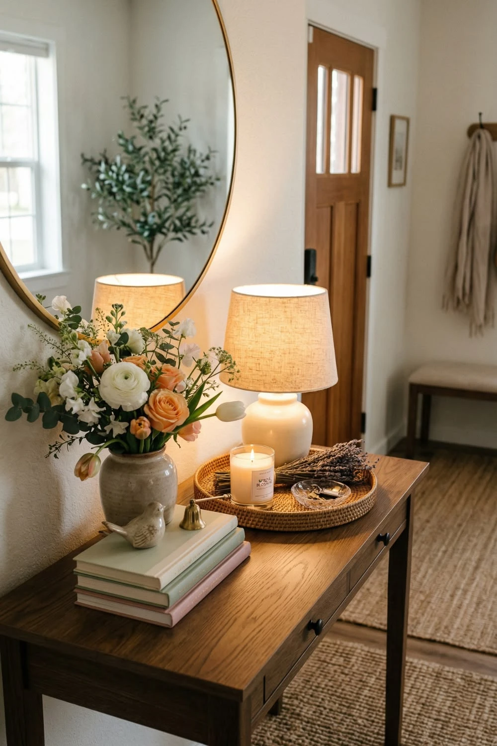 a small entryway with rattan tray and table lamp