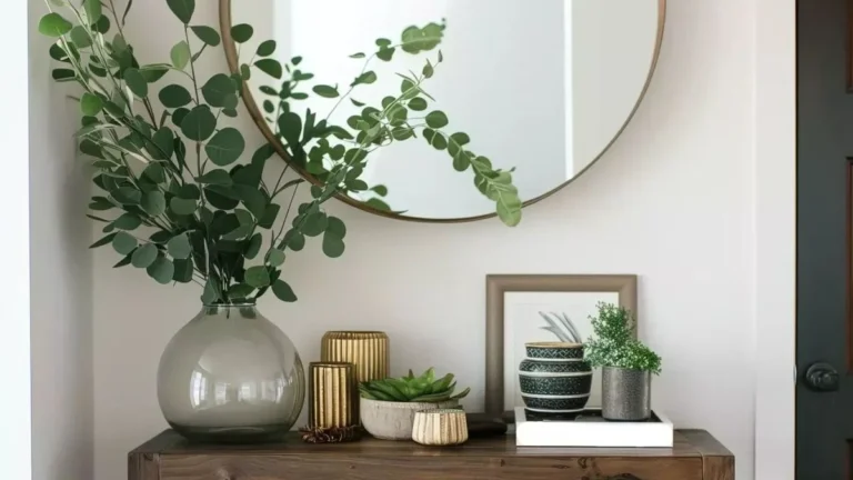 a small entryway with mirror and plants