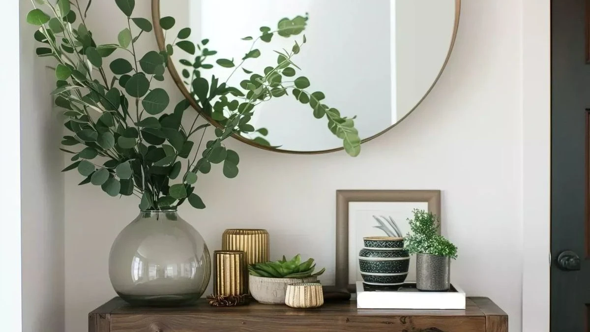 a small entryway with mirror and plants