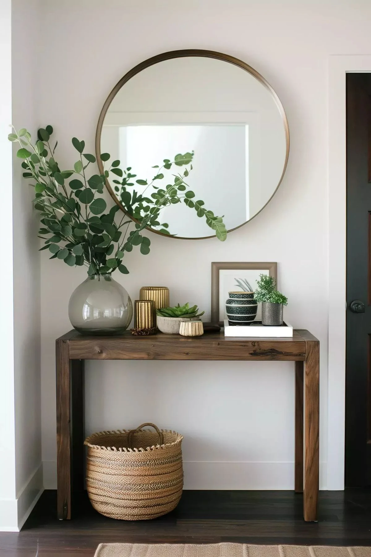 a small entryway with mirror and plants