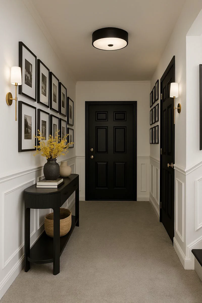 entryway wall with black and white photos