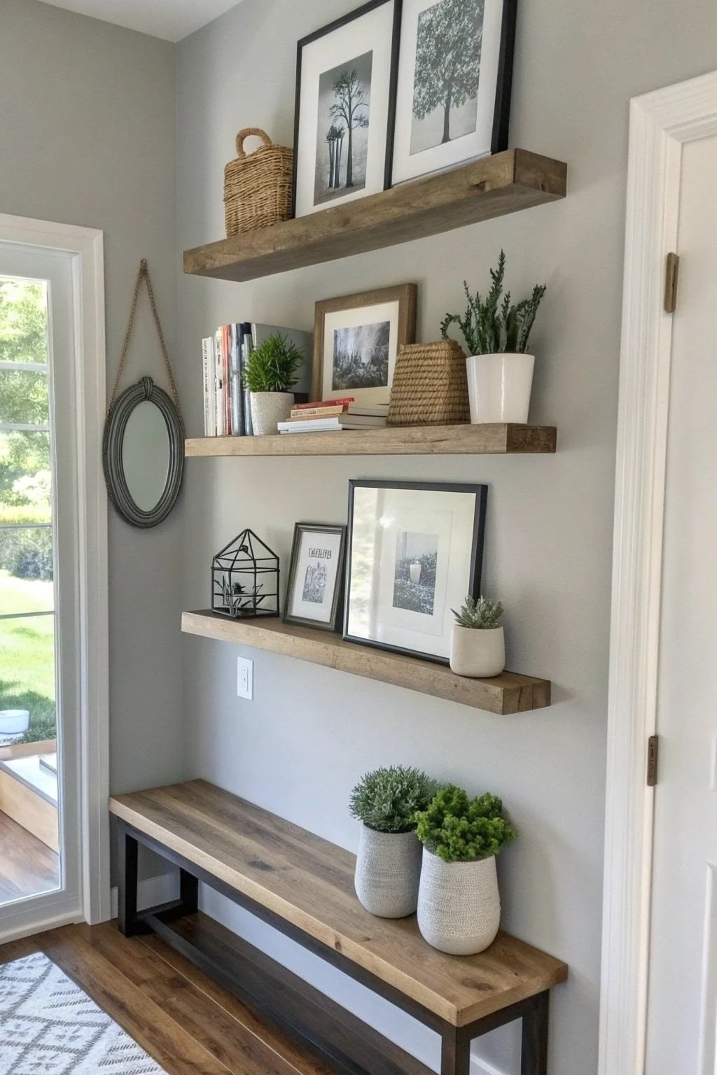 entryway wall with floating shelves