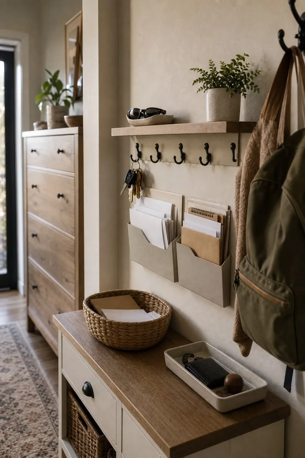 entryway wall with key mail organizer