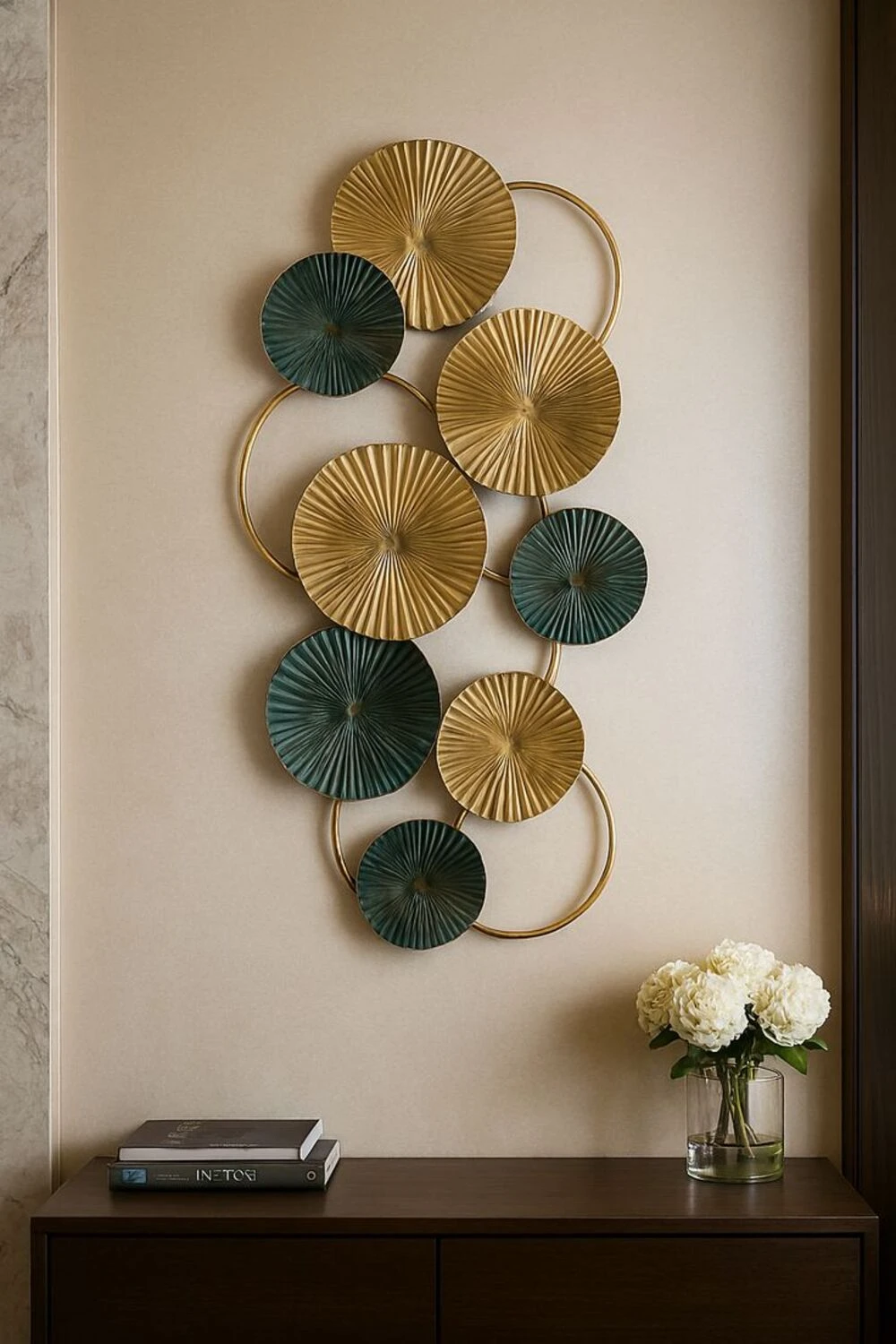 entryway wall with metal decor