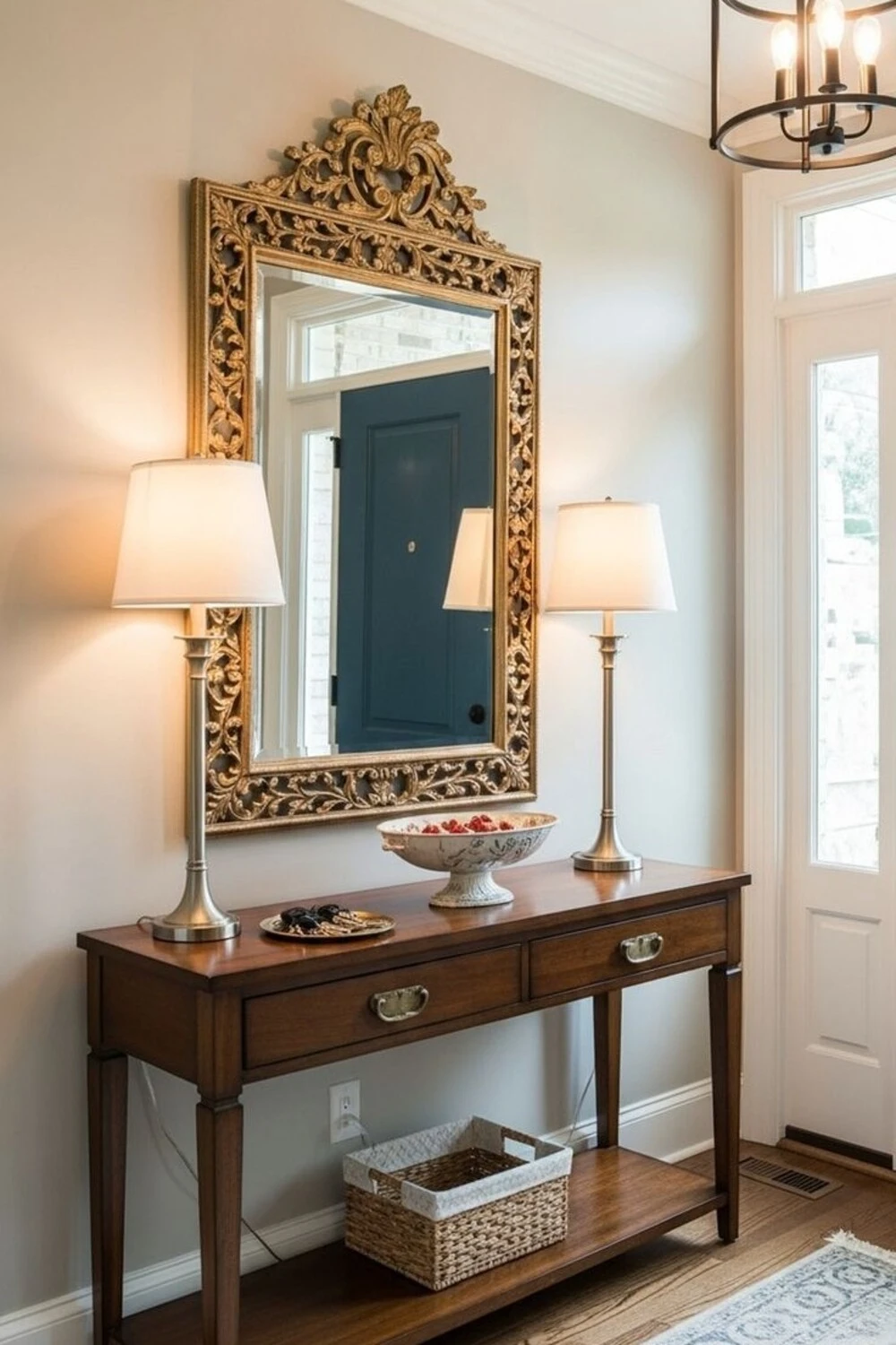 entryway wall with oversized gilded mirror